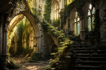 Obraz premium A Hauntingly Beautiful Depiction of an Abandoned Monastery, Overgrown with Ivy and Bathed in the Soft Glow of Moonlight
