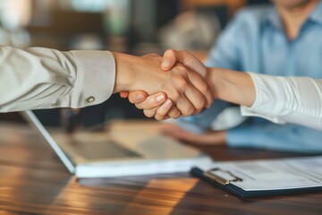 Top view hands of agent and client shaking hands after signed contract buy new apartment,A shot from either side of a desk where the candidate and interviewer are extending hands,Two pro. Generated AI