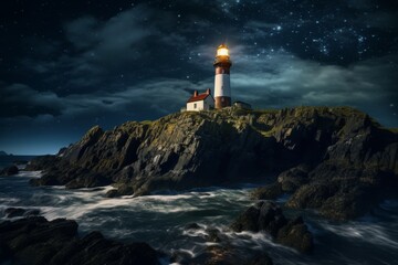 A Majestic Lighthouse on a Remote Island, Illuminating the Dark Ocean under a Starry Night Sky