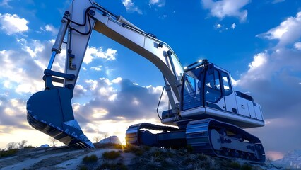 Excavator on Hill at Construction Site During Sunset in Countryside. Concept Construction Site, Excavator, Sunset, Countryside, Hill