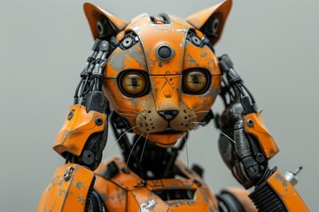 Cybernetic orange cat pet with biomechanical technology holds his head in surprise.