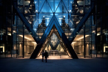 Modern Architectural Marvel: A Glass-Dominated Building with Subtle, Underlit Entrances Illuminating the Night Sky