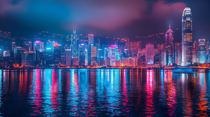 Smart network and Connection technology concept, Hong Kong digital city background at night in victoria harbour, Cyberpunk color style, Panorama view. 