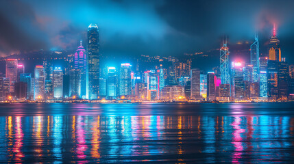 Smart network and Connection technology concept, Hong Kong digital city background at night in victoria harbour, Cyberpunk color style, Panorama view. 