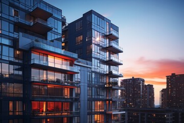 A Modern High-Rise Apartment Building with Multiple Balconies Offering Stunning City Views at Sunset