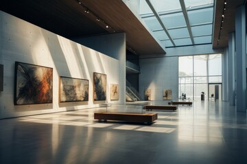 A Modern Art Gallery Illuminated in Soft Light, Showcasing a Variety of Contemporary Pieces in a...