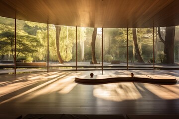 A Tranquil Yoga Studio with Zen-Inspired Architecture, Featuring Minimalist Design, Natural Light, and Serene Outdoor Views
