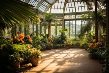A Vibrant and Lush Greenhouse Interior, Bathed in Soft Sunlight, with a Variety of Exotic Plants...