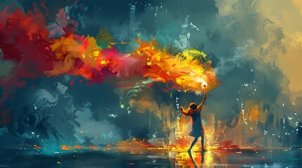 An individual seemingly wields a paintbrush, creating a vibrant explosion of abstract colors and shapes that burst across the canvas of reality, Digital art style, illustration painting.