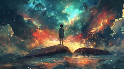 A young child stands on an open book from which an extraordinary cosmic scene erupts, blending the boundaries between fantasy and reality, Digital art style, illustration painting.