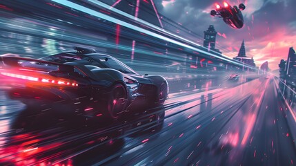 A high-tech supercar races through a neon-lit futuristic city, with streaks of light reflecting its high speed, as flying vehicles zoom above.