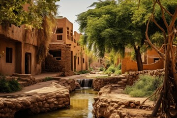 A Tranquil Afternoon in a Traditional Mud-Brick Village, with Houses Nestled Among Lush Greenery and a Crystal Clear Stream Flowing Nearby