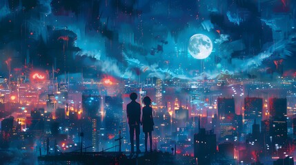 A couple stands close, sharing a moment of connection as they gaze upon a sprawling cityscape under the mysterious glow of a blood moon.