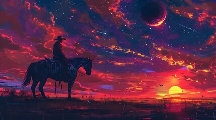 A solitary cowboy on horseback pauses to contemplate a majestic and cosmic twilight, where shooting stars and celestial bodies adorn the vividly colored horizon.