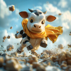 A 3D animated cartoon render of a brave cow saving the day.