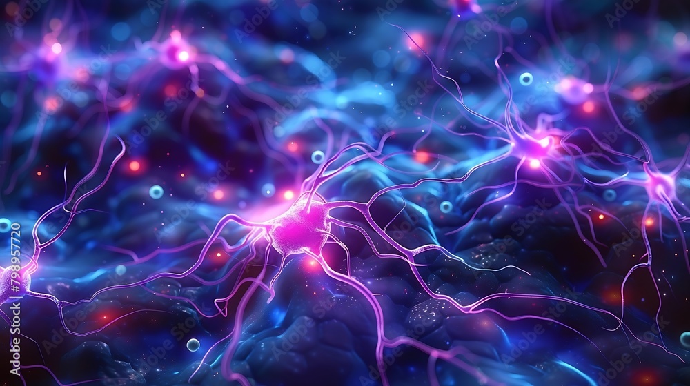 Poster Generative AI : visualization of a complex neural network of human neurons inside a brain, indigo blue and violet colors