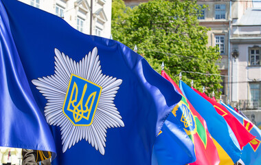Closeup of  Ukrainian heraldic standards