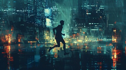 A digital artwork featuring the silhouette of a running person overlaid on a vibrant cyberpunk cityscape with neon lights, Digital art style, illustration painting.