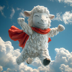 A 3D animated cartoon render of a superhero sheep flying in the sky.