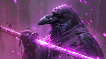 Samura raven with a neon sword in his hands