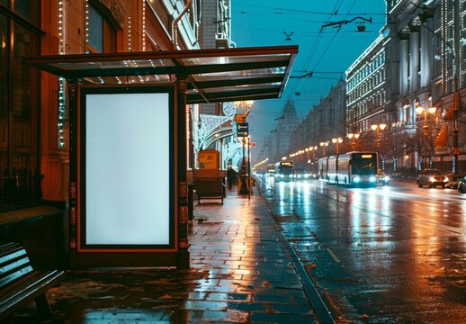 Standing on a wall, a person holds a blank board amidst a business interior with empty frames and advertising space, high-resolution (300 DPI)