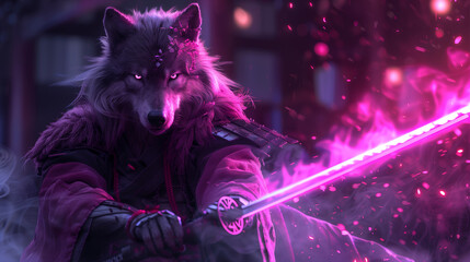 A wolf is holding a sword and standing in front of a city. The image has a dark and mysterious...