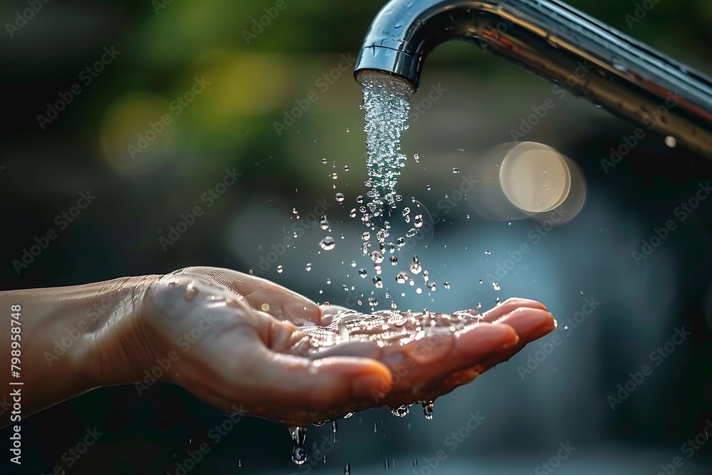 Poster generative ai : a faucet from which only a few small drops of water are coming out, and a hand is tr