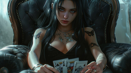 a girl in a gothic style sits on a chair and plays poker.