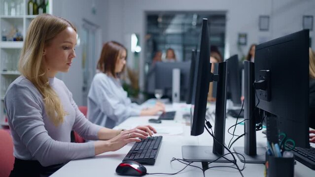 Office Of Tech-Support Department, Women Specialist Sending Communicating In Online Chats