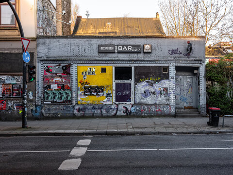 Hamburg, Germany - 01272024: photo of the closed store called bar 227 in Hamburg under the Sternbr&uuml;cke that is a railway bridge which will be demolished early 2024, club scene in Hamburg dies.