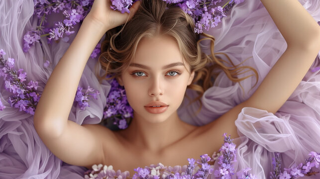 A woman in a purple dress is laying in a field of lavender flowers. The scene is serene and peaceful, with the woman appearing to be lost in thought