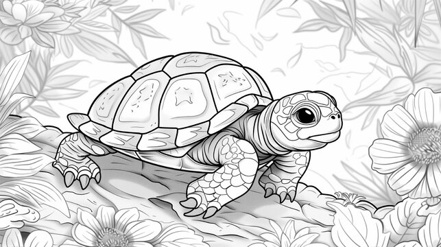 A turtle is sitting on a rock next to some flowers. The turtle is small and cute. The flowers are colorful and add a nice touch to the scene