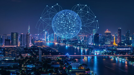 Smart network and Connection technology concept with Bangkok city background at night in Thailand.
