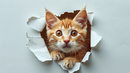 cute kitten sticking its head out of the hole in white paper
