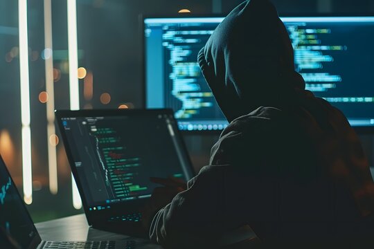 A focused individual in a hoodie is deeply engrossed in coding, with a laptop in the foreground showing lines of code and a larger screen in the background