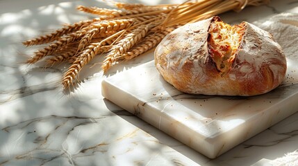 Artisan bread and pasta rest on marble with golden wheat, invoking rustic culinary traditions in natural light.