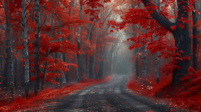 road to the forest where the trees have red leaves.