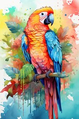 A watercolor painting of a parrot. The parrot is sitting on a branch, with its head turned to the side. The parrot has bright, colorful feathers.
