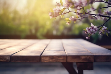 Empty wooden table with cherry blossom flower and copy space for product display. Spring beautiful with flowering branches and blurry foliage in the background.