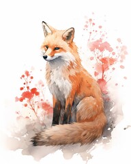 A watercolor painting of a red fox sitting in a field of flowers