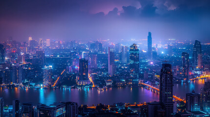 Fototapeta premium Wireless network and Connection technology concept with Bangkok city background at night in Thailand, panorama view.