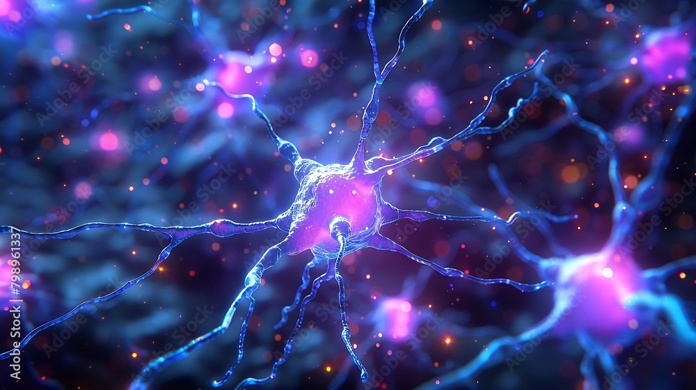 Aufkleber Generative AI : visualization of a complex neural network of human neurons inside a brain, indigo blue and violet colors