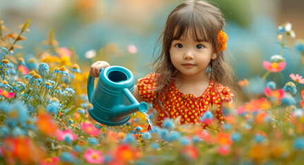 A little Asian girl in a red dress with yellow polka dots, holding a blue plastic watering can, watering a bush of colorful flowers in the garden