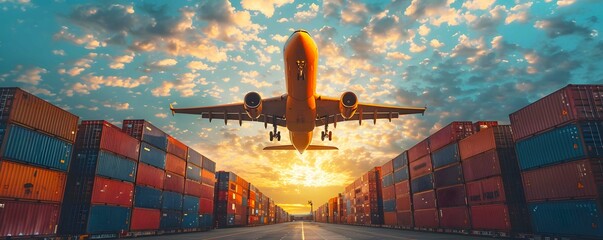 A cargo plane loaded with freight containers taking off into the sky, representing global commerce.