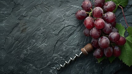 Plump grapes cluster near old-fashioned corkscrew, contrasting with the stark texture of dark stone surface.