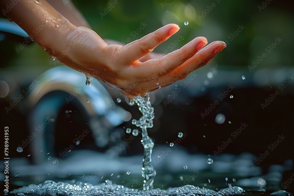Poster generative ai : a faucet from which only a few small drops of water are coming out, and a hand is tr