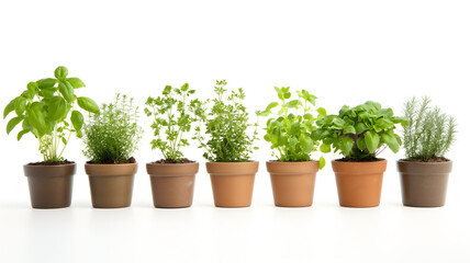 Row of assorted potted herbs on a white background.