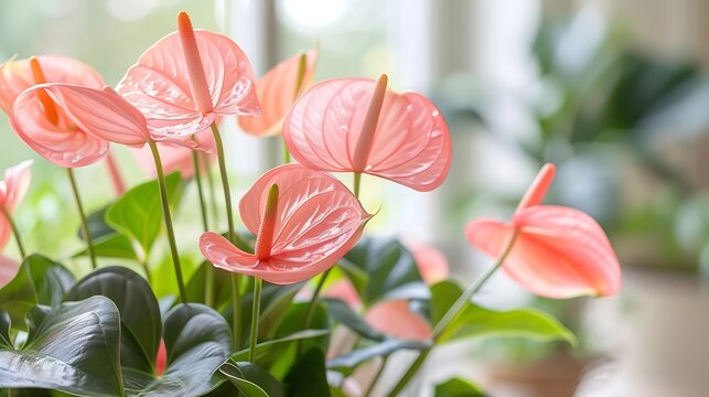 Generative AI : beautiful Anthurium 'Laceleaf' flamingo flowers bloom in a sunny elegant room