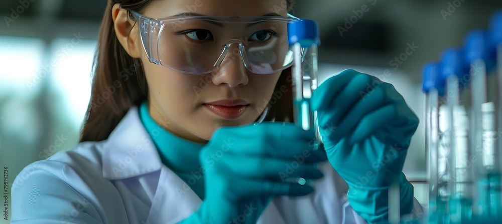 Leinwandbilder generative ai : female scientist holding a test tube with a solution in gloves in a research lab