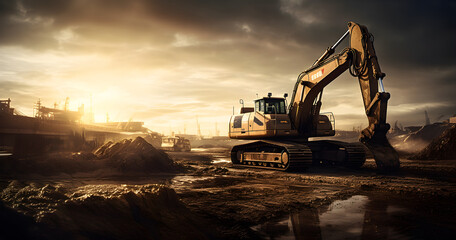 Witness the awe-inspiring scene of a robust excavator skillfully transferring sand to a massive...